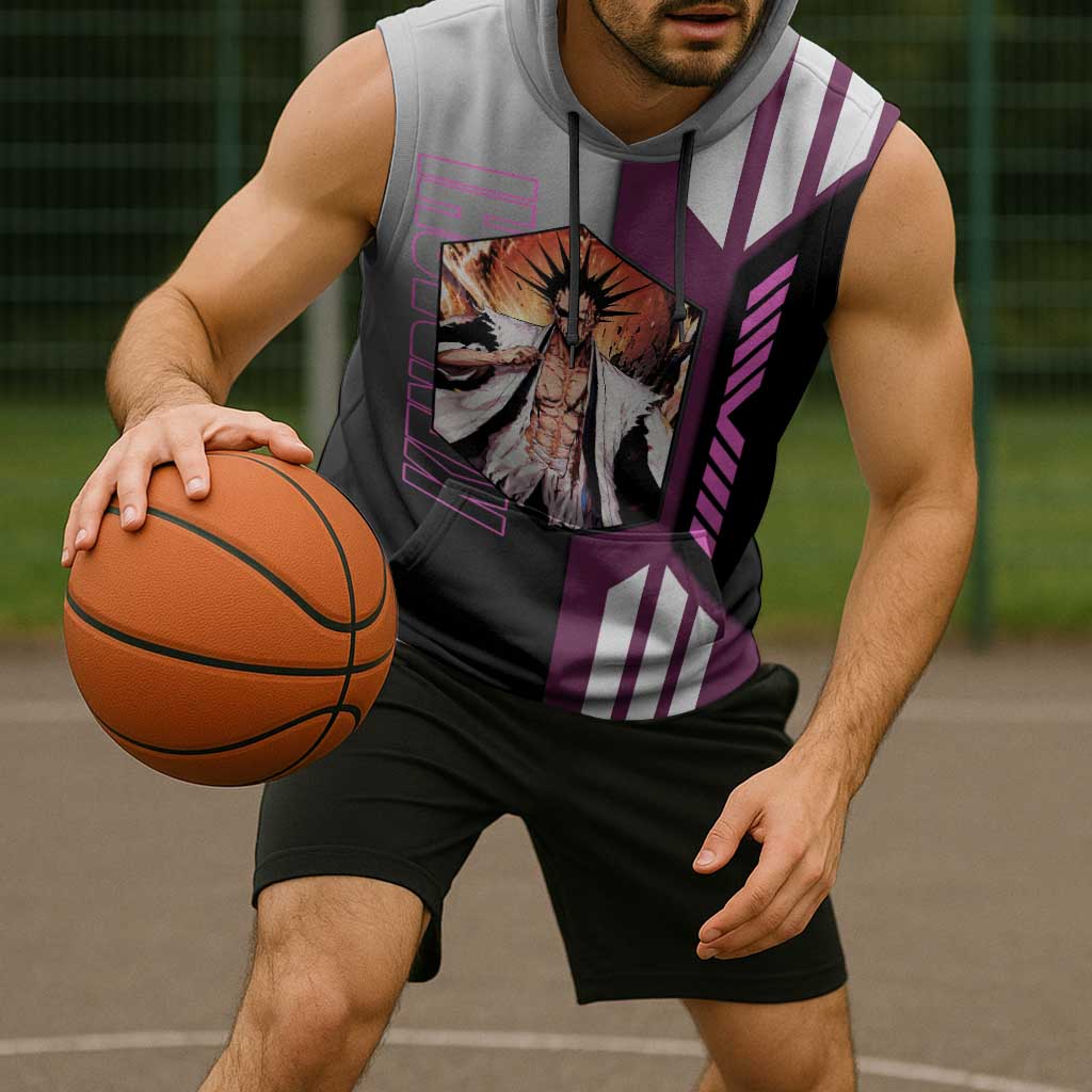 Kenpachi Zaraki from Bleach Sleeveless Hoodie with Sword and Battle Ready Pose Design - The Mazicc