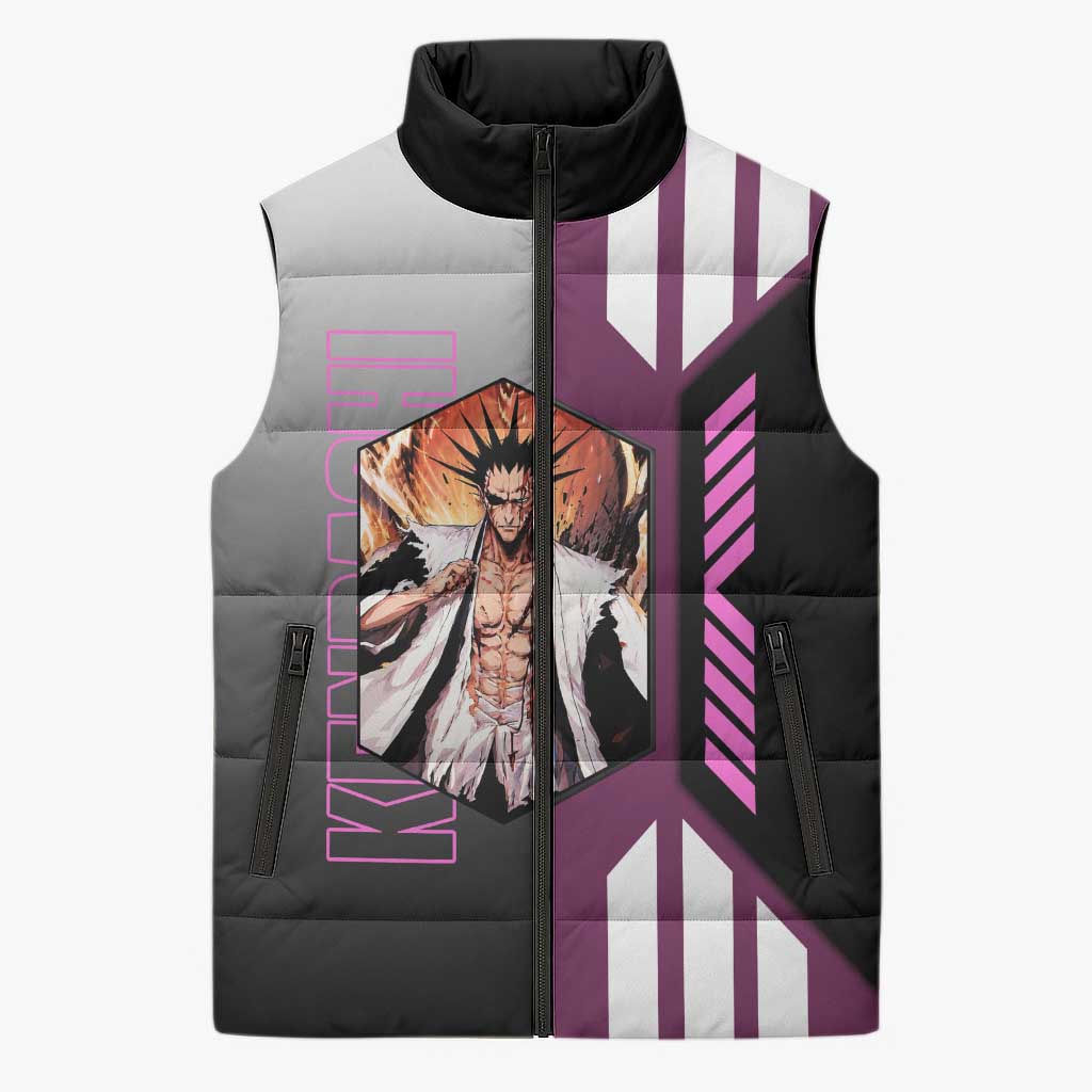 Kenpachi Zaraki from Bleach Sleeveless Puffer Jacket with Sword and Battle Ready Pose Design - The Mazicc