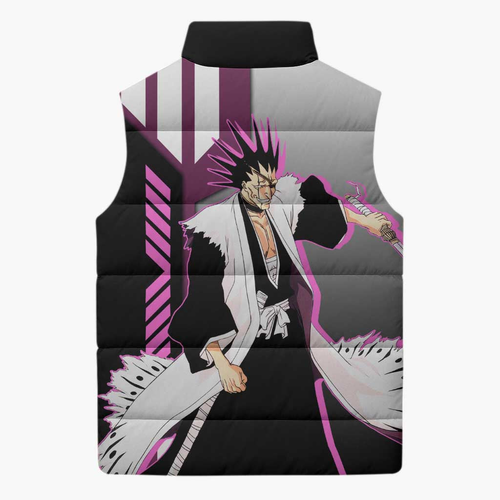 Kenpachi Zaraki from Bleach Sleeveless Puffer Jacket with Sword and Battle Ready Pose Design - The Mazicc