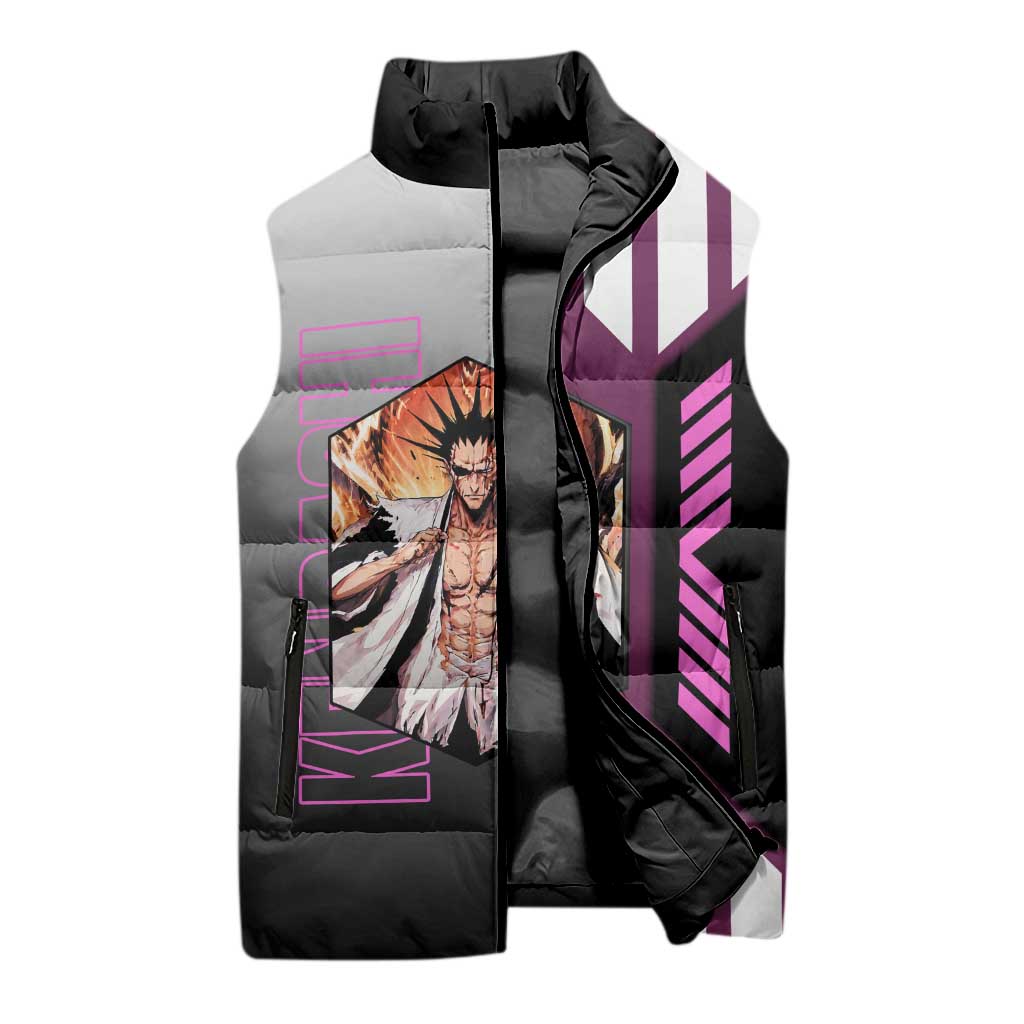 Kenpachi Zaraki from Bleach Sleeveless Puffer Jacket with Sword and Battle Ready Pose Design - The Mazicc