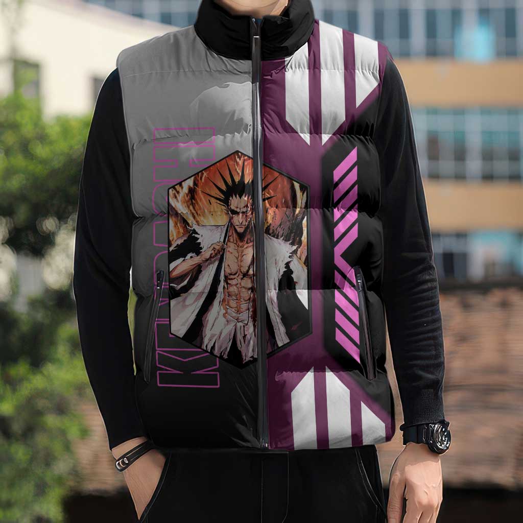 Kenpachi Zaraki from Bleach Sleeveless Puffer Jacket with Sword and Battle Ready Pose Design - The Mazicc