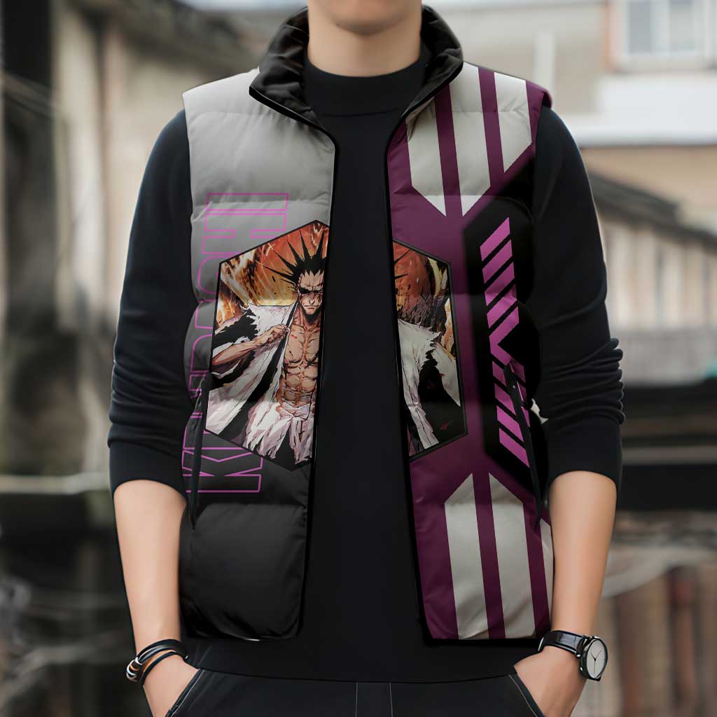 Kenpachi Zaraki from Bleach Sleeveless Puffer Jacket with Sword and Battle Ready Pose Design - The Mazicc