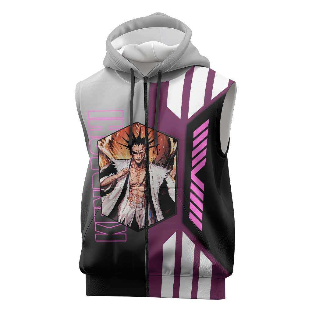 Kenpachi Zaraki from Bleach Sleeveless Zip Hoodie with Sword and Battle Ready Pose Design - The Mazicc