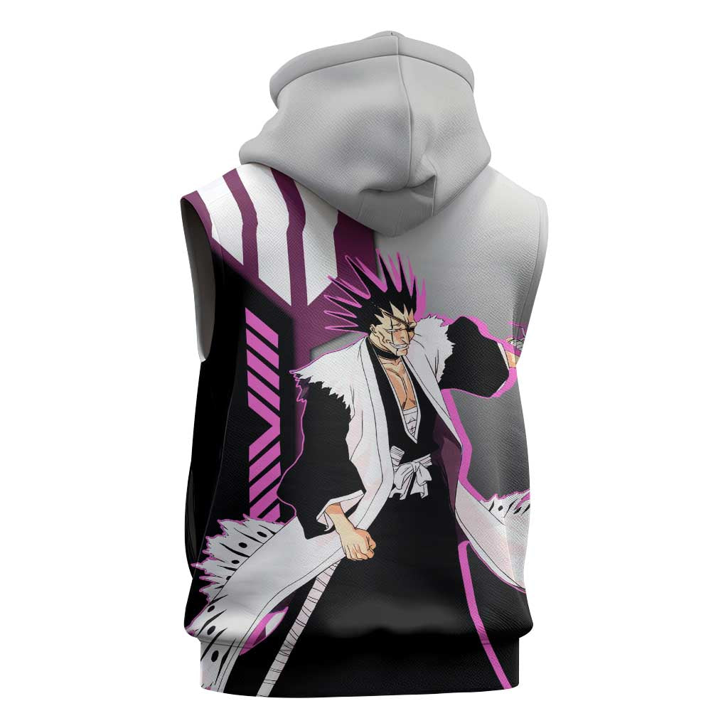 Kenpachi Zaraki from Bleach Sleeveless Zip Hoodie with Sword and Battle Ready Pose Design - The Mazicc