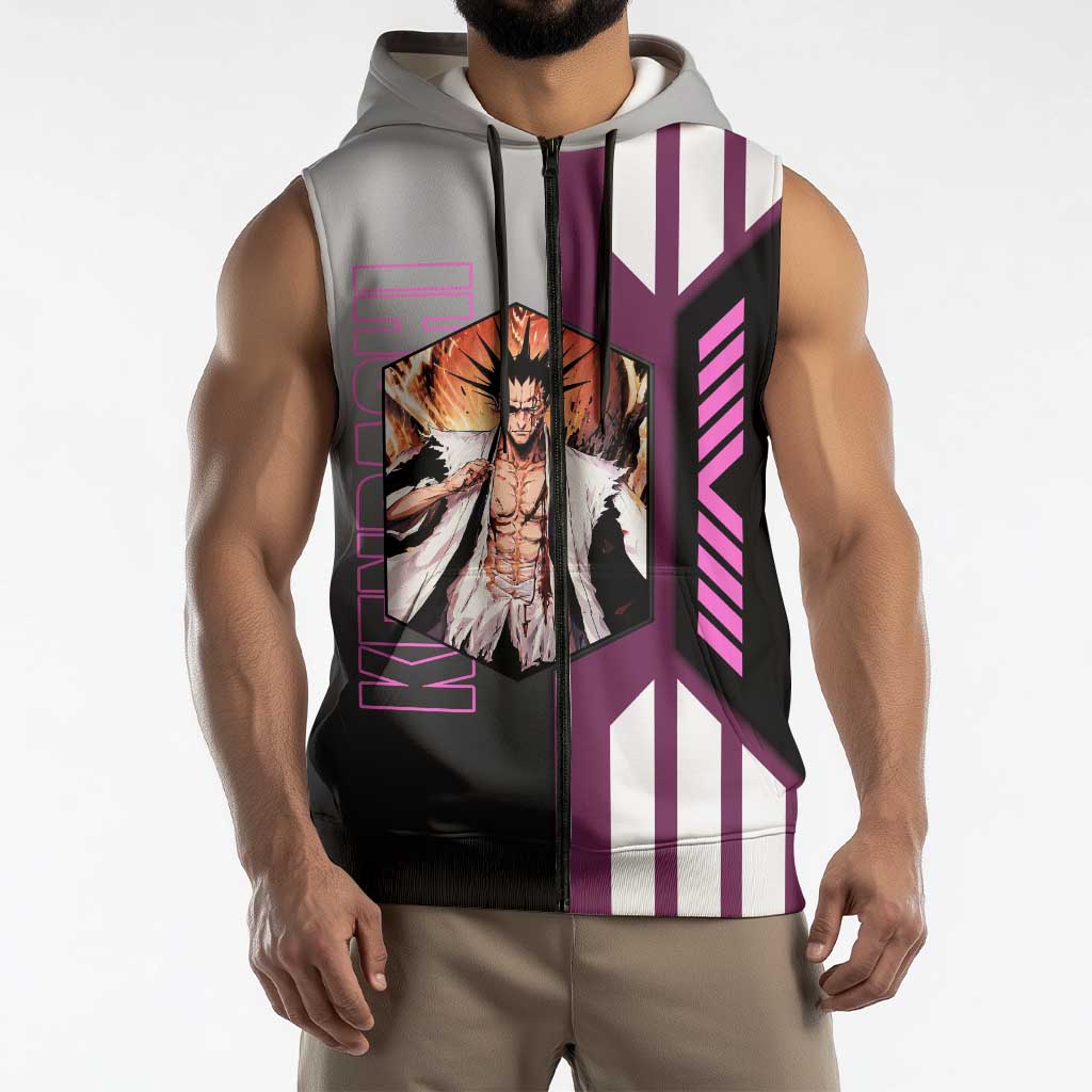Kenpachi Zaraki from Bleach Sleeveless Zip Hoodie with Sword and Battle Ready Pose Design - The Mazicc