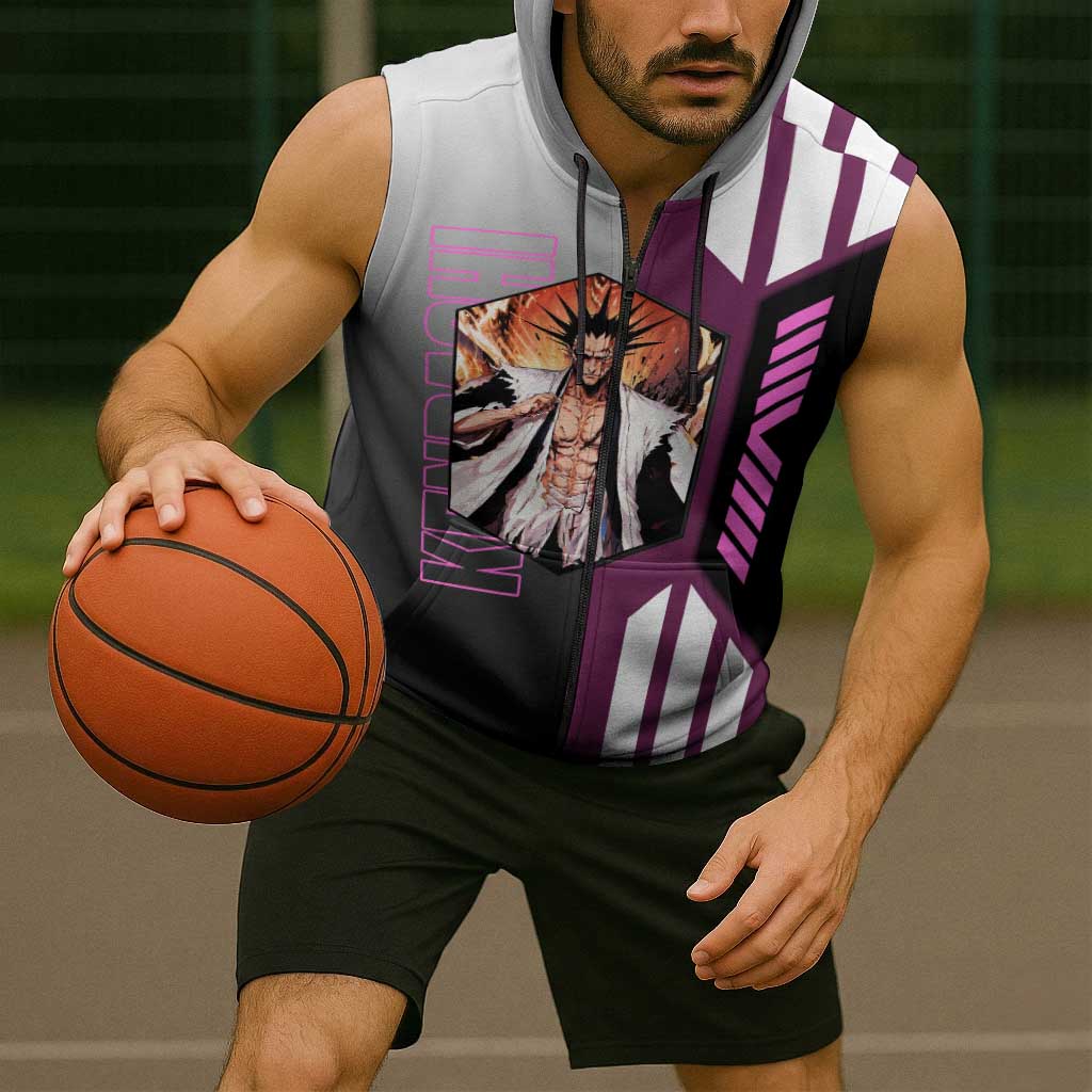 Kenpachi Zaraki from Bleach Sleeveless Zip Hoodie with Sword and Battle Ready Pose Design - The Mazicc