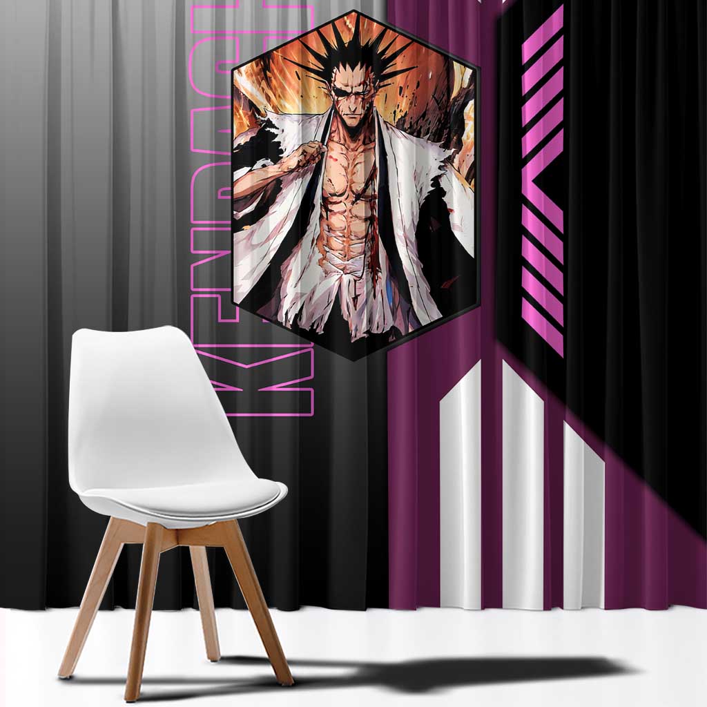 Kenpachi Zaraki from Bleach Window Curtain with Sword and Battle Ready Pose Design - The Mazicc