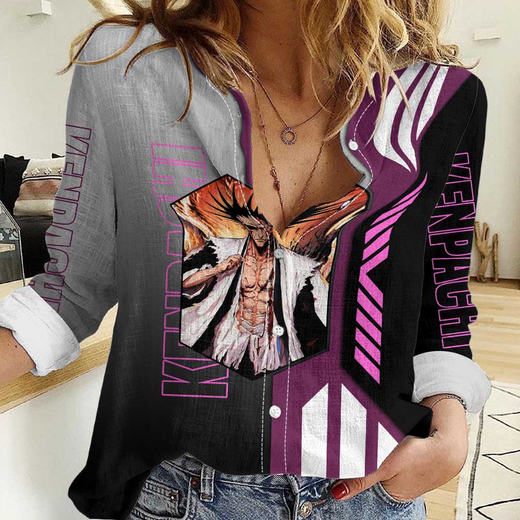 Kenpachi Zaraki from Bleach Women Casual Shirt with Sword and Battle Ready Pose Design - The Mazicc