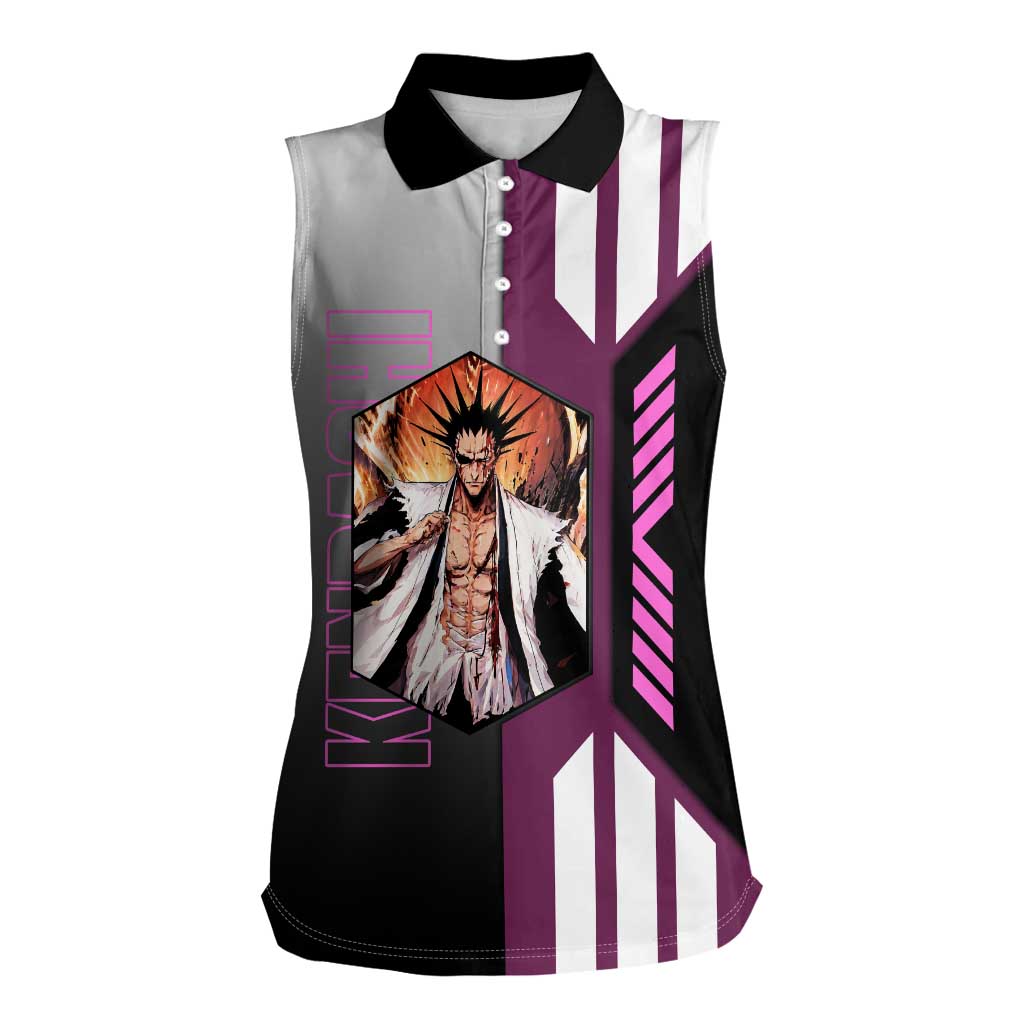 Kenpachi Zaraki from Bleach Women Sleeveless Polo Shirt with Sword and Battle Ready Pose Design - The Mazicc