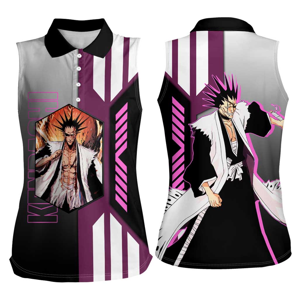 Kenpachi Zaraki from Bleach Women Sleeveless Polo Shirt with Sword and Battle Ready Pose Design - The Mazicc