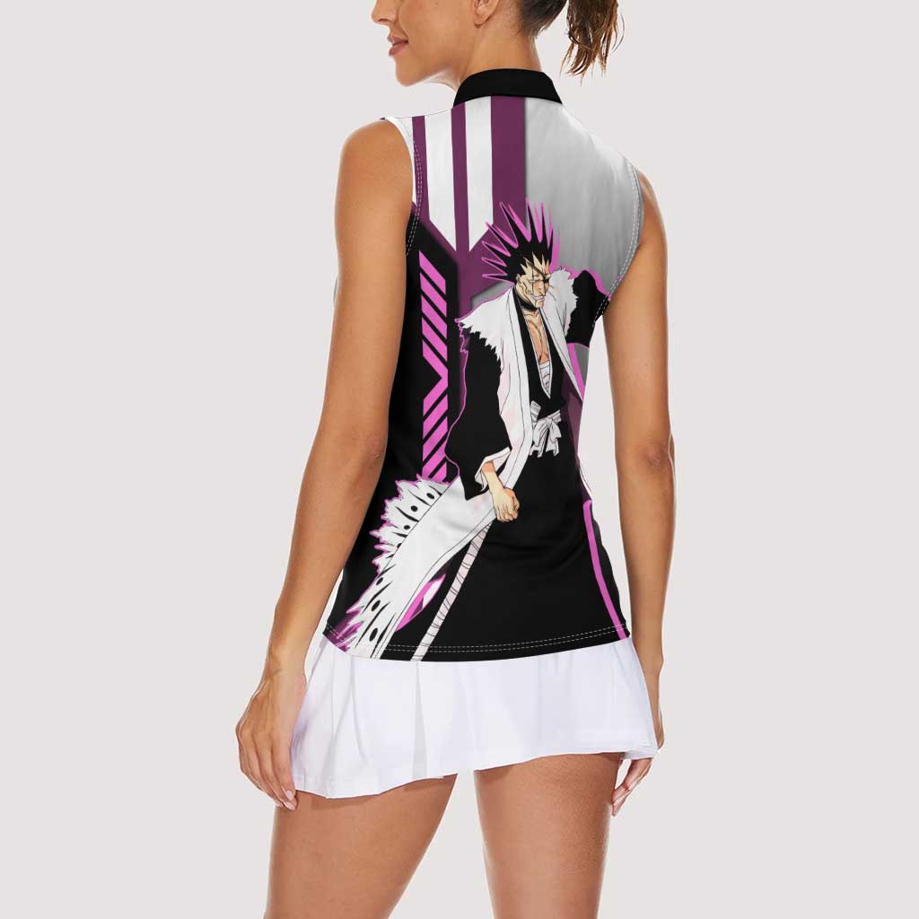 Kenpachi Zaraki from Bleach Women Sleeveless Polo Shirt with Sword and Battle Ready Pose Design - The Mazicc