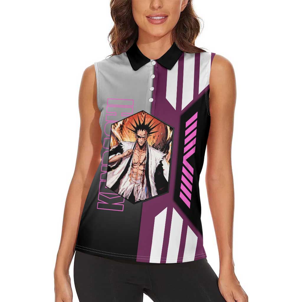 Kenpachi Zaraki from Bleach Women Sleeveless Polo Shirt with Sword and Battle Ready Pose Design - The Mazicc