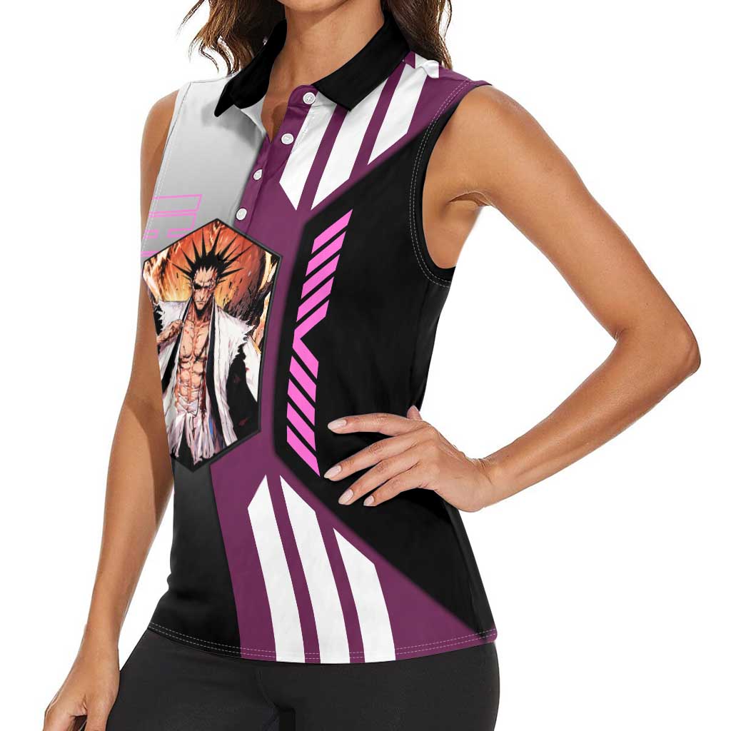 Kenpachi Zaraki from Bleach Women Sleeveless Polo Shirt with Sword and Battle Ready Pose Design - The Mazicc