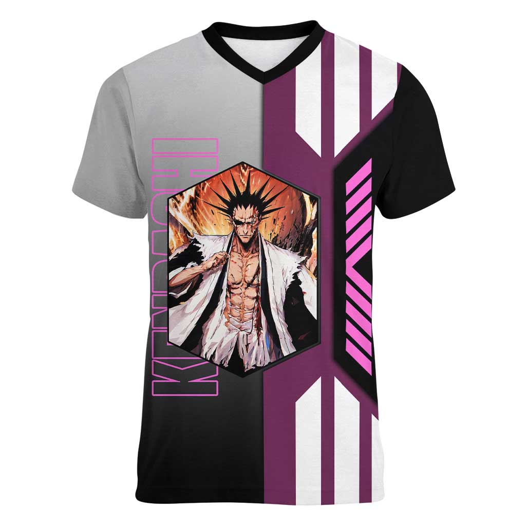 Kenpachi Zaraki from Bleach Women V-Neck T-Shirt with Sword and Battle Ready Pose Design - The Mazicc