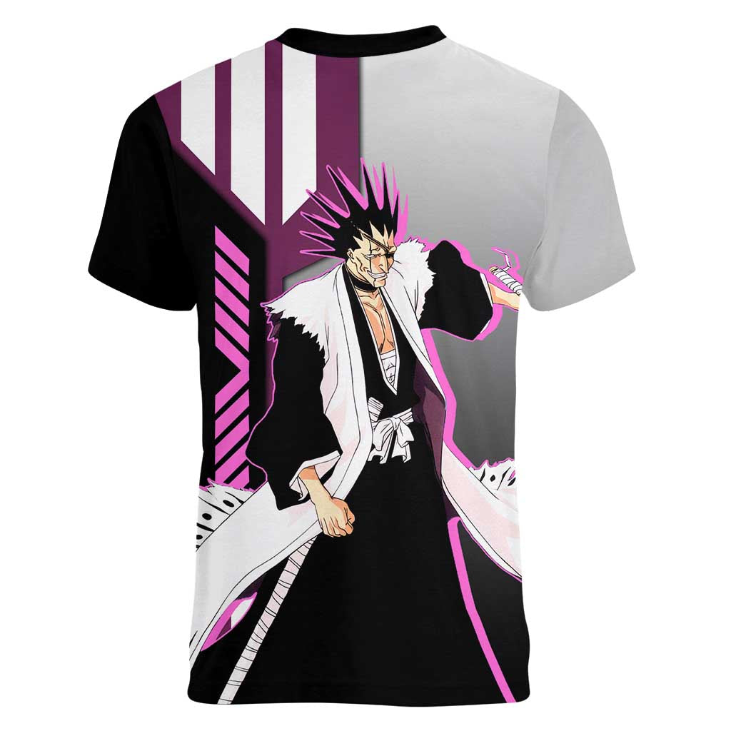 Kenpachi Zaraki from Bleach Women V-Neck T-Shirt with Sword and Battle Ready Pose Design - The Mazicc