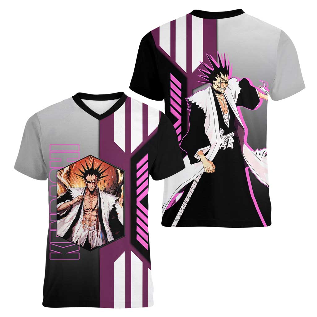 Kenpachi Zaraki from Bleach Women V-Neck T-Shirt with Sword and Battle Ready Pose Design - The Mazicc