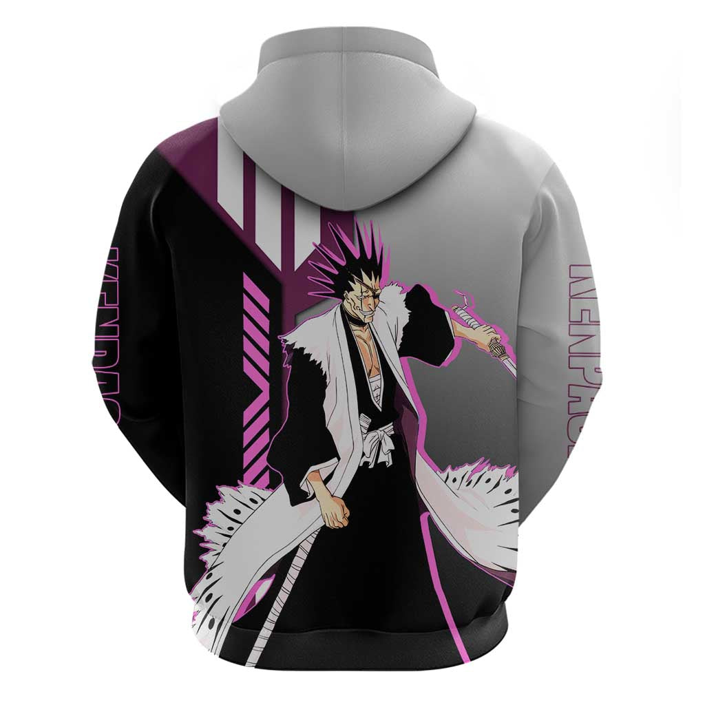 Kenpachi Zaraki from Bleach Zip Hoodie with Sword and Battle Ready Pose Design - The Mazicc