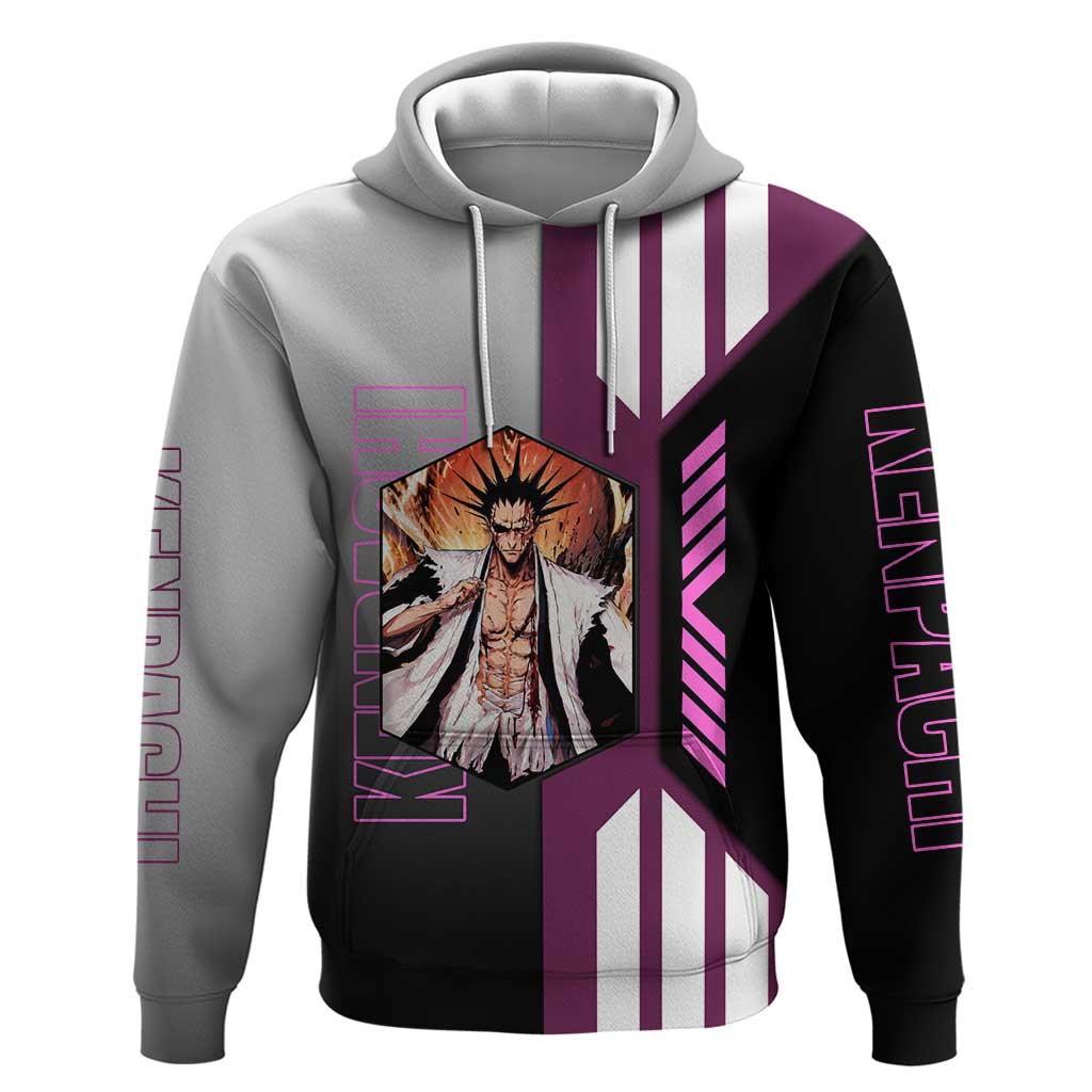 Kenpachi Zaraki from Bleach Zip Hoodie with Sword and Battle Ready Pose Design - The Mazicc