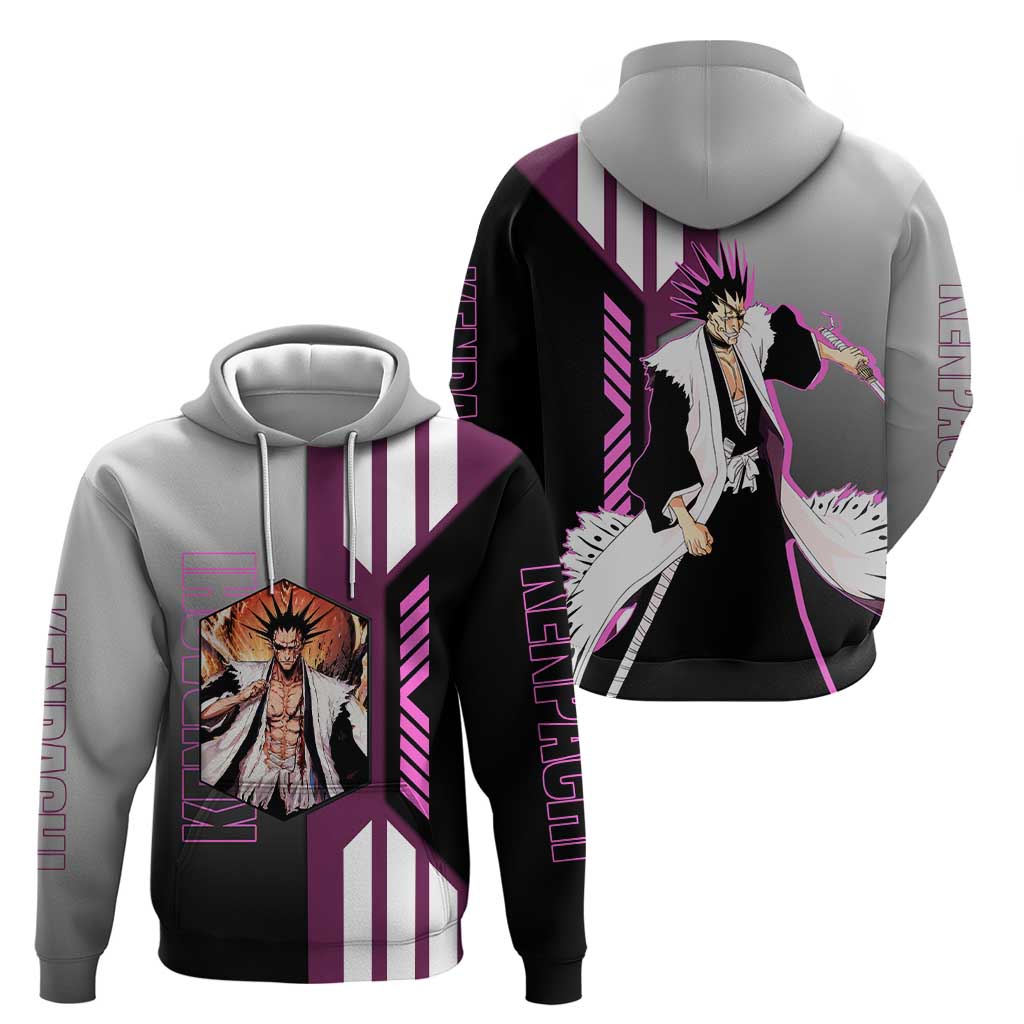 Kenpachi Zaraki from Bleach Zip Hoodie with Sword and Battle Ready Pose Design - The Mazicc