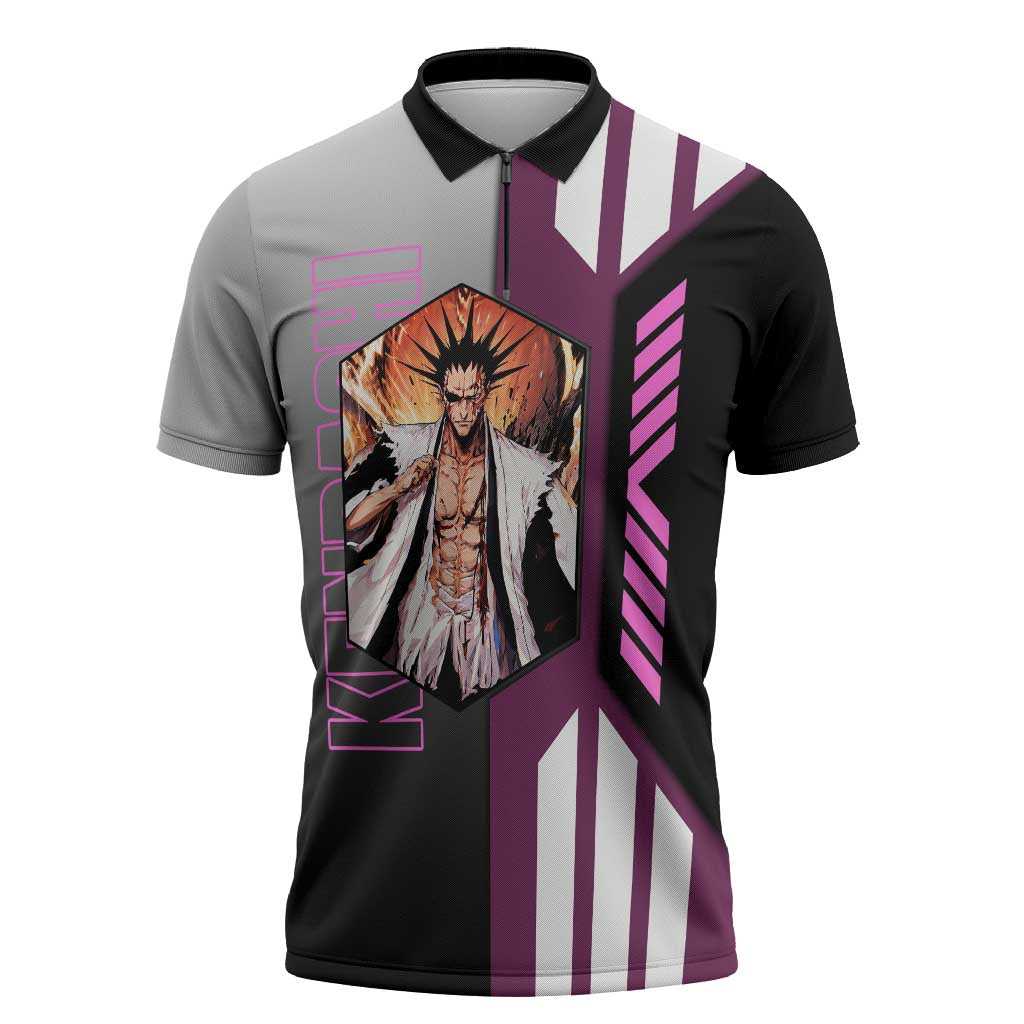 Kenpachi Zaraki from Bleach Zipper Polo Shirt with Sword and Battle Ready Pose Design - The Mazicc