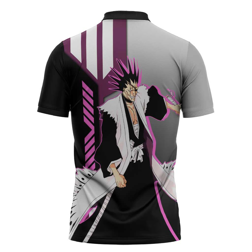 Kenpachi Zaraki from Bleach Zipper Polo Shirt with Sword and Battle Ready Pose Design - The Mazicc