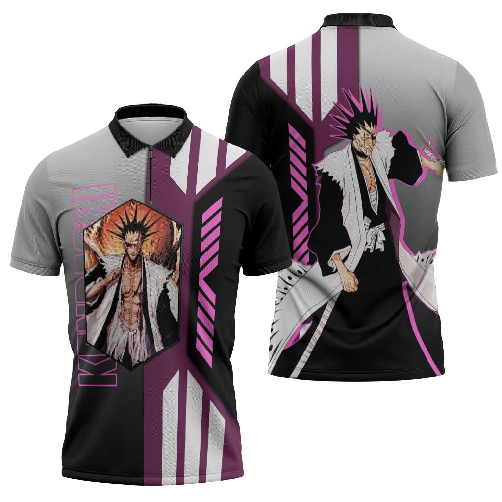 Kenpachi Zaraki from Bleach Zipper Polo Shirt with Sword and Battle Ready Pose Design - The Mazicc