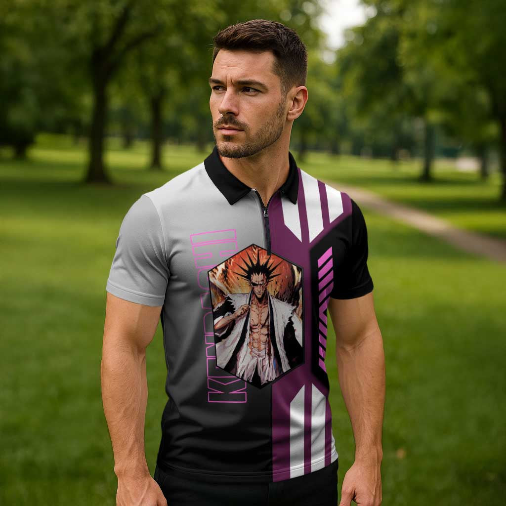 Kenpachi Zaraki from Bleach Zipper Polo Shirt with Sword and Battle Ready Pose Design - The Mazicc