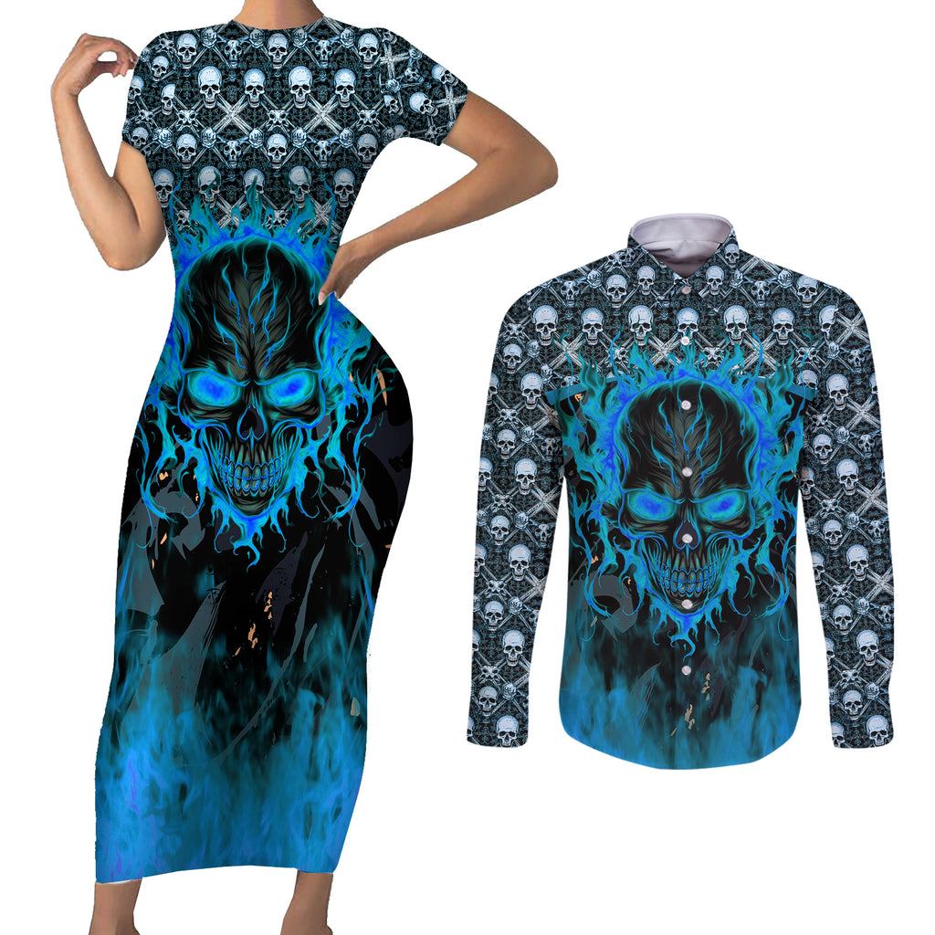 fire-skull-couples-matching-short-sleeve-bodycon-dress-and-long-sleeve-button-shirts-of-course-im-going-to-hell-im-just-here-to-pick-you-up