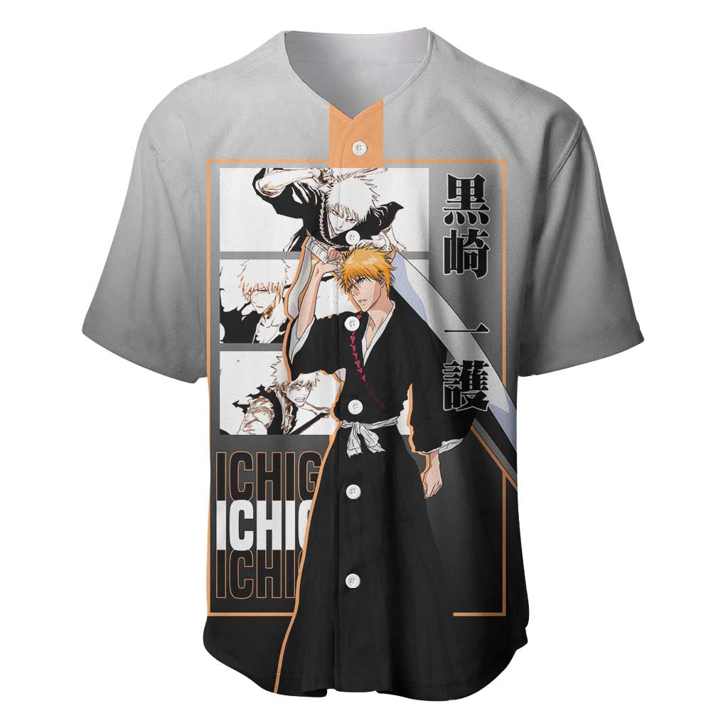 Ichigo Kurosaki Bleach Baseball Jersey with Bankai Sword and Intense Battle Pose Design - The Mazicc