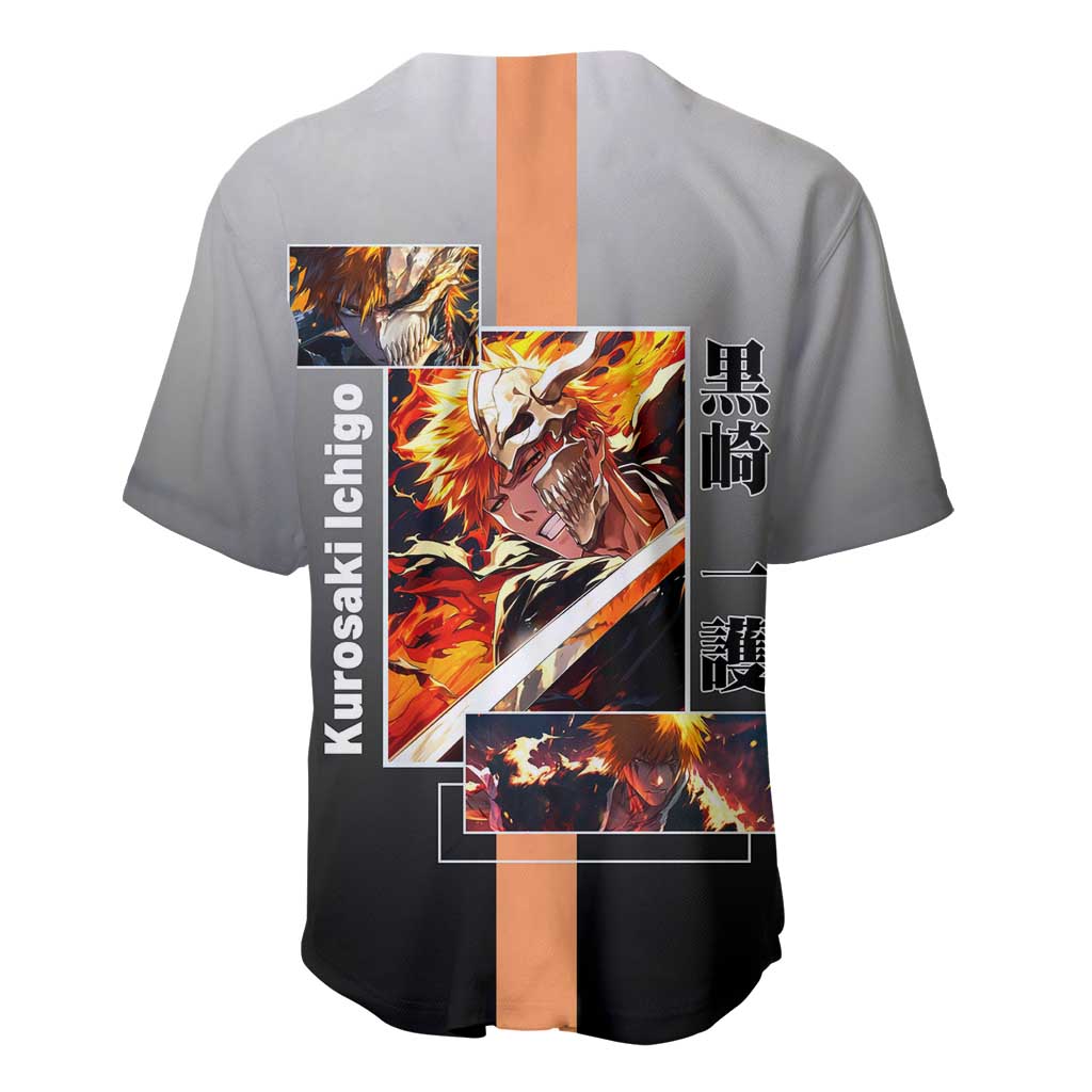 Ichigo Kurosaki Bleach Baseball Jersey with Bankai Sword and Intense Battle Pose Design - The Mazicc