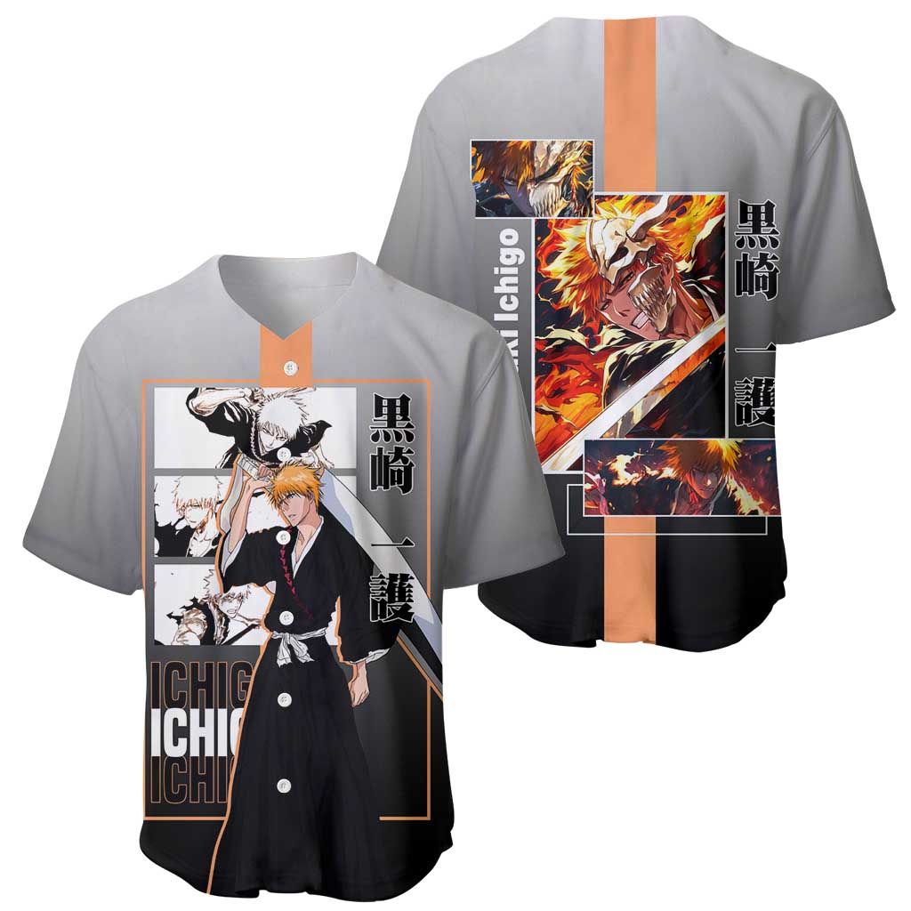Ichigo Kurosaki Bleach Baseball Jersey with Bankai Sword and Intense Battle Pose Design - The Mazicc