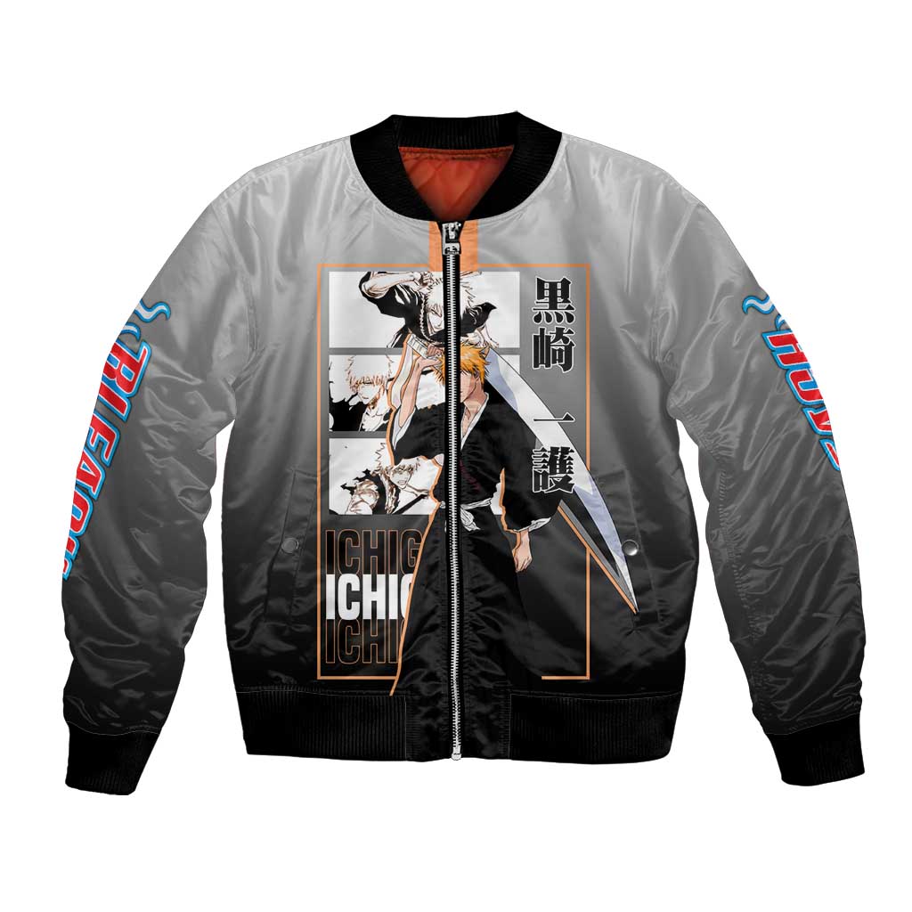 Ichigo Kurosaki Bleach Bomber Jacket with Bankai Sword and Intense Battle Pose Design - The Mazicc