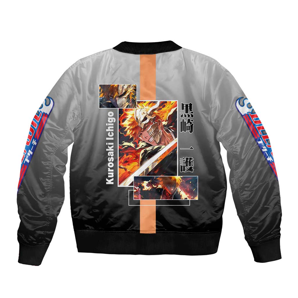 Ichigo Kurosaki Bleach Bomber Jacket with Bankai Sword and Intense Battle Pose Design - The Mazicc