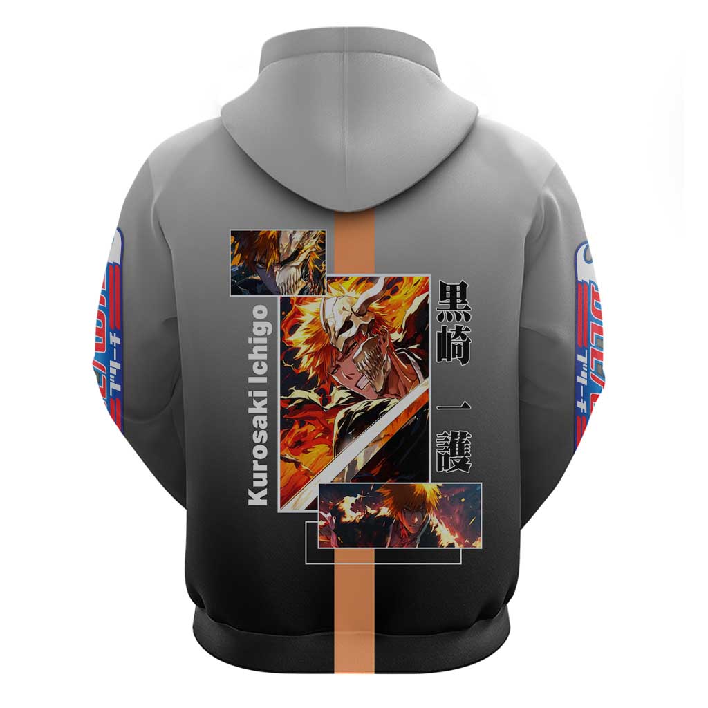 Ichigo Kurosaki Bleach Hoodie with Bankai Sword and Intense Battle Pose Design - The Mazicc