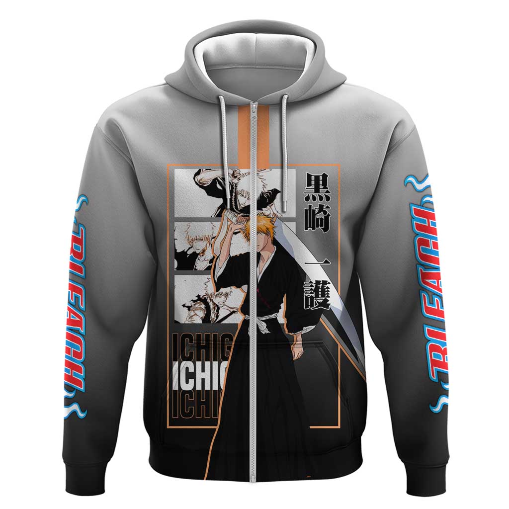 Ichigo Kurosaki Bleach Hoodie with Bankai Sword and Intense Battle Pose Design - The Mazicc