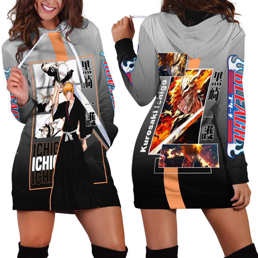 Ichigo Kurosaki Bleach Hoodie Dress with Bankai Sword and Intense Battle Pose Design - The Mazicc