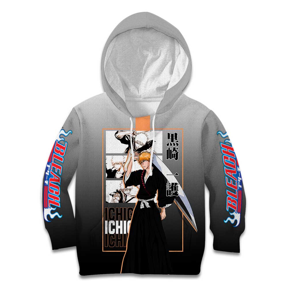 Ichigo Kurosaki Bleach Kid Hoodie with Bankai Sword and Intense Battle Pose Design - The Mazicc