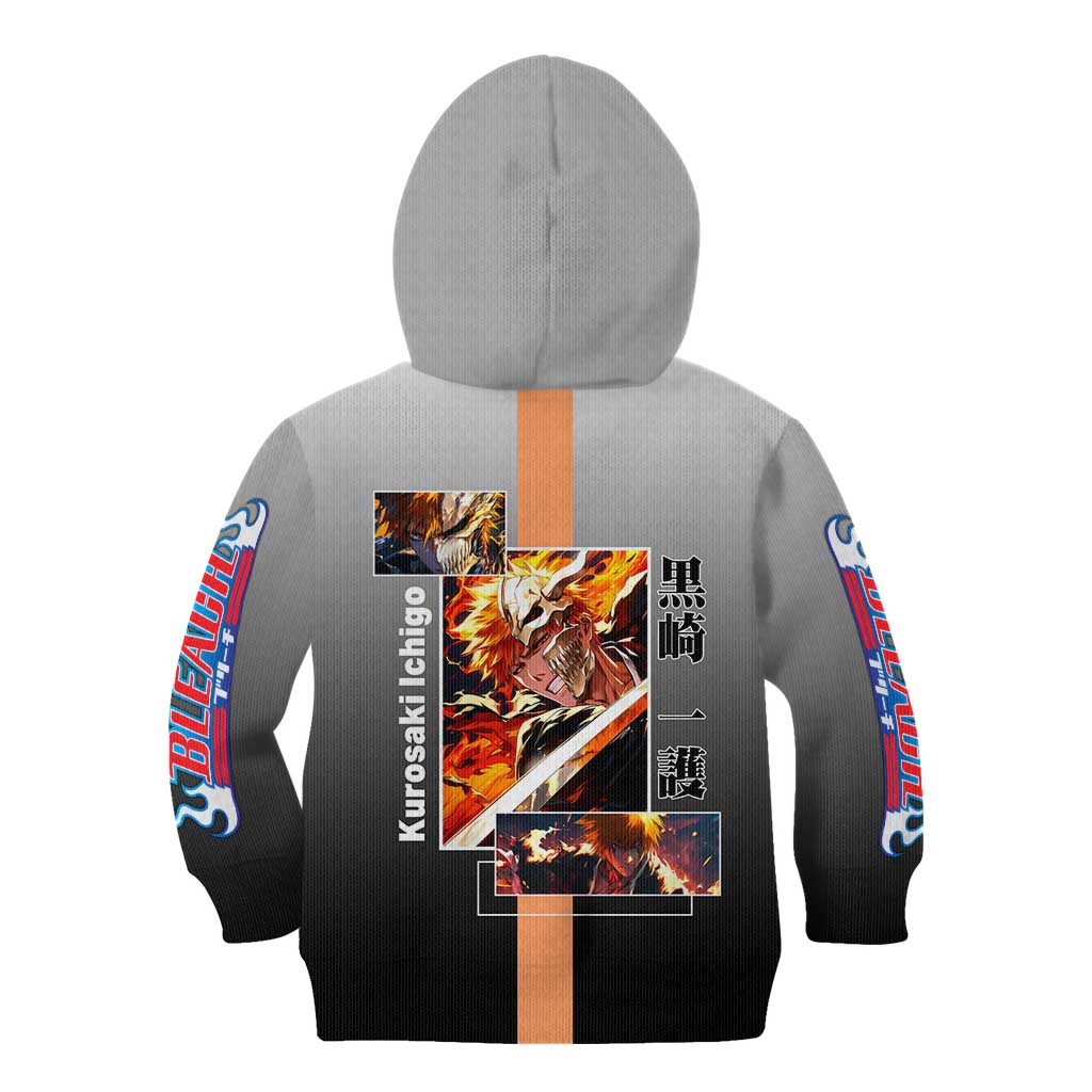 Ichigo Kurosaki Bleach Kid Hoodie with Bankai Sword and Intense Battle Pose Design - The Mazicc