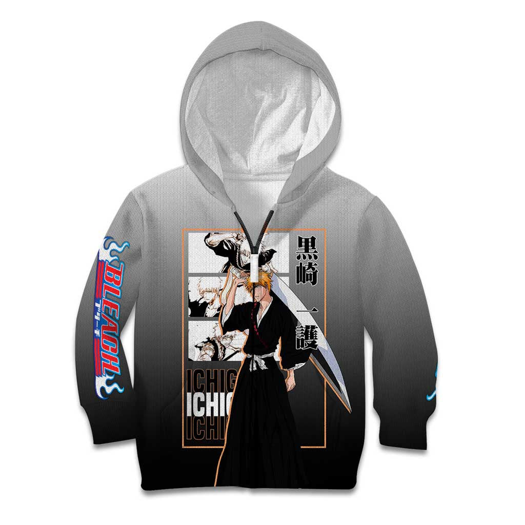 Ichigo Kurosaki Bleach Kid Hoodie with Bankai Sword and Intense Battle Pose Design - The Mazicc