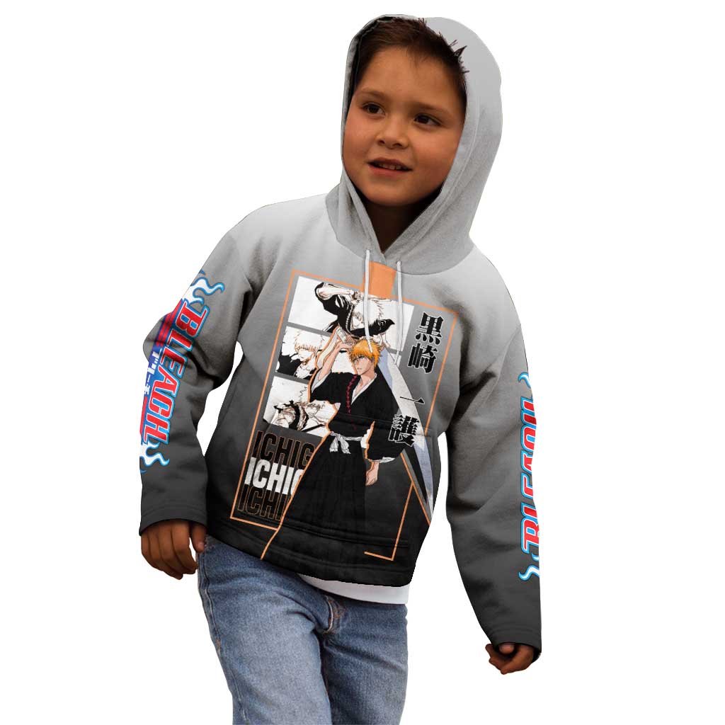 Ichigo Kurosaki Bleach Kid Hoodie with Bankai Sword and Intense Battle Pose Design - The Mazicc