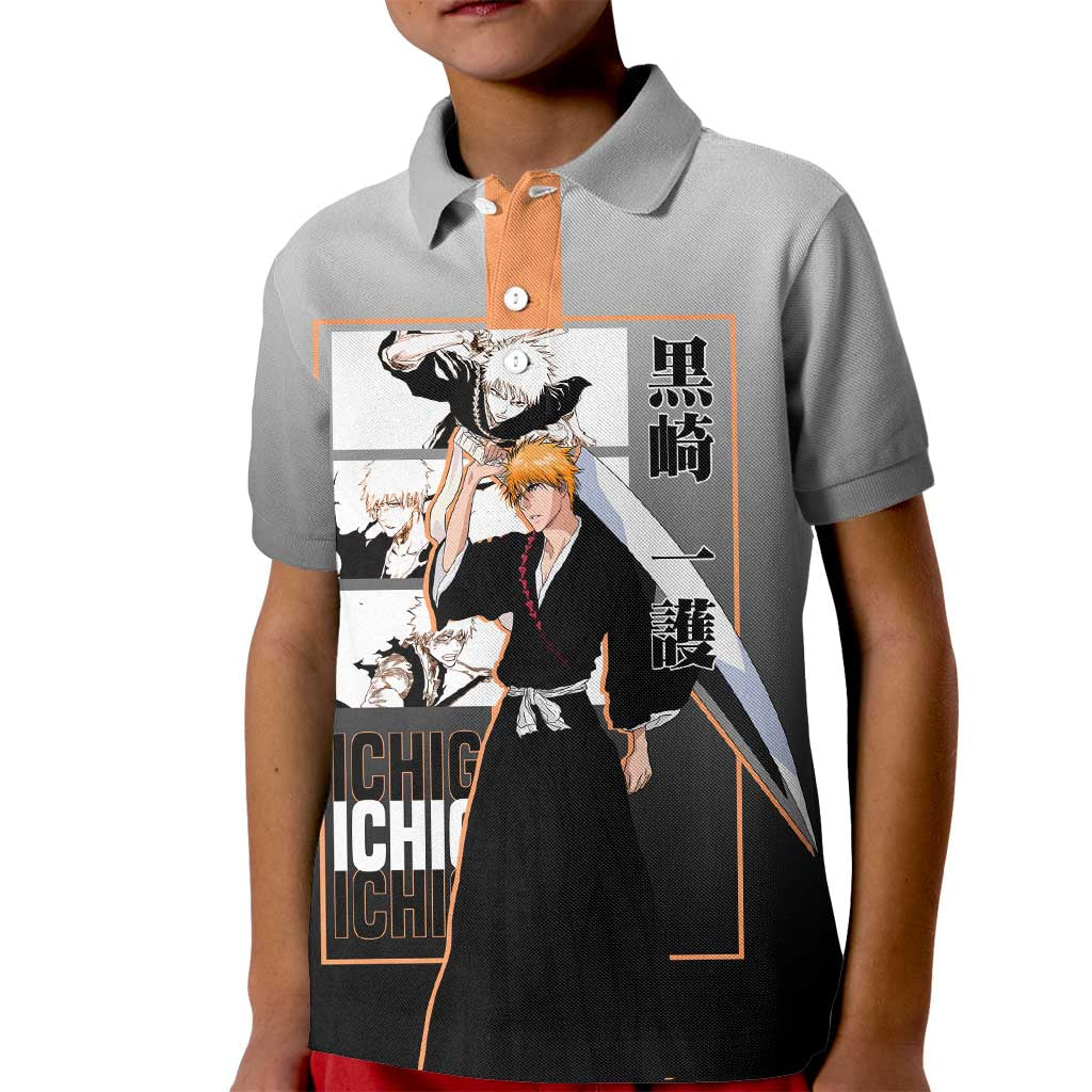 Ichigo Kurosaki Bleach Kid Polo Shirt with Bankai Sword and Intense Battle Pose Design - The Mazicc