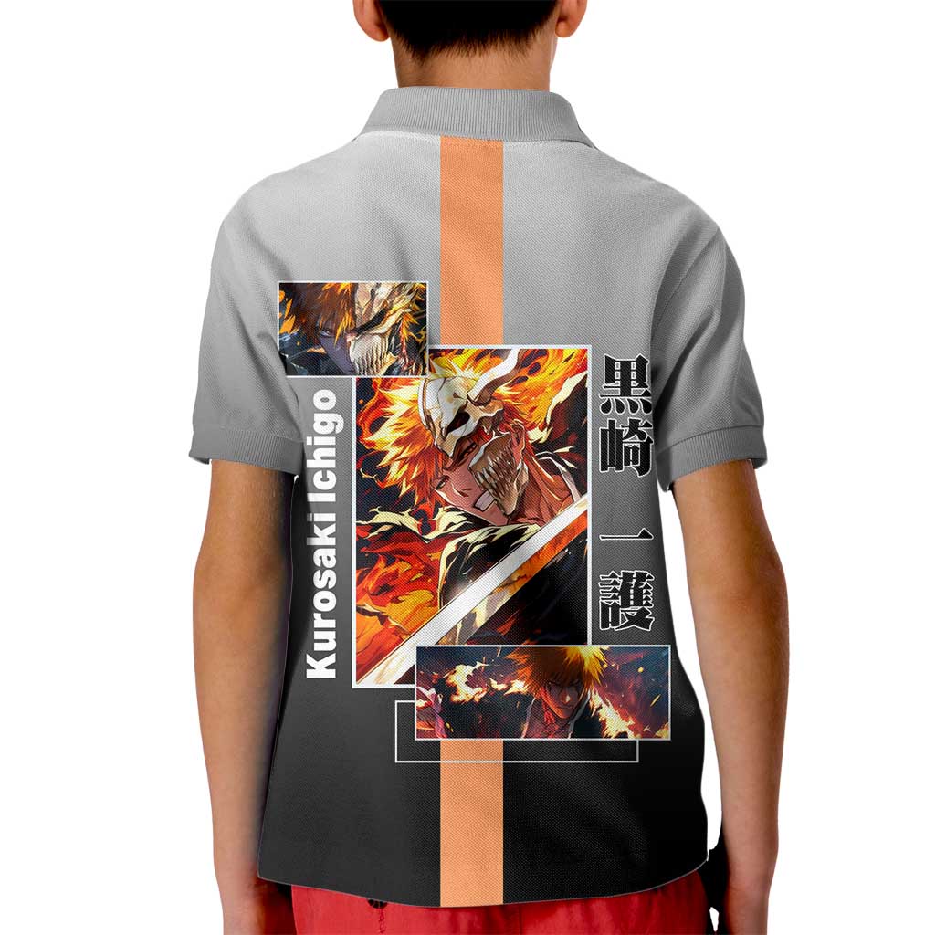 Ichigo Kurosaki Bleach Kid Polo Shirt with Bankai Sword and Intense Battle Pose Design - The Mazicc