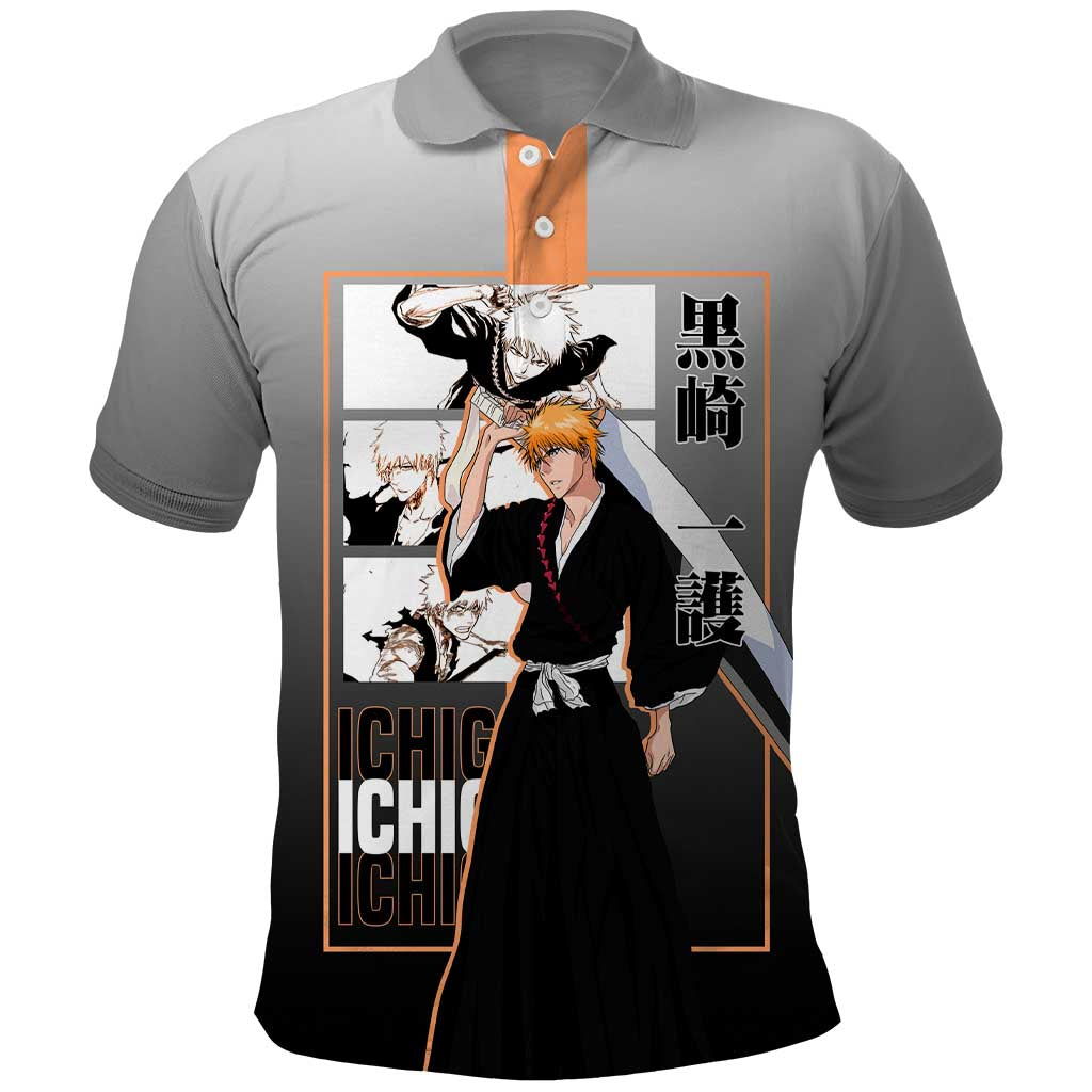 Ichigo Kurosaki Bleach Polo Shirt with Bankai Sword and Intense Battle Pose Design - The Mazicc