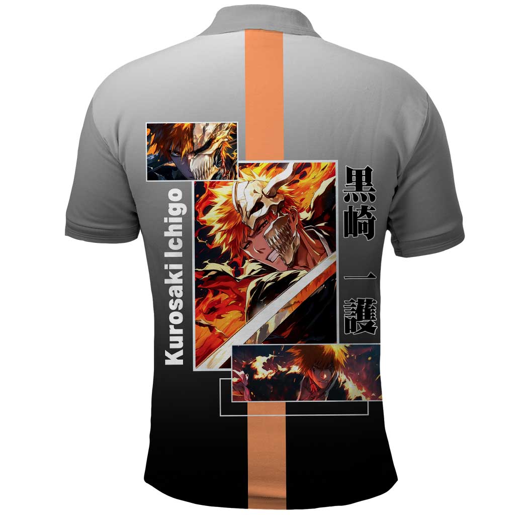 Ichigo Kurosaki Bleach Polo Shirt with Bankai Sword and Intense Battle Pose Design - The Mazicc