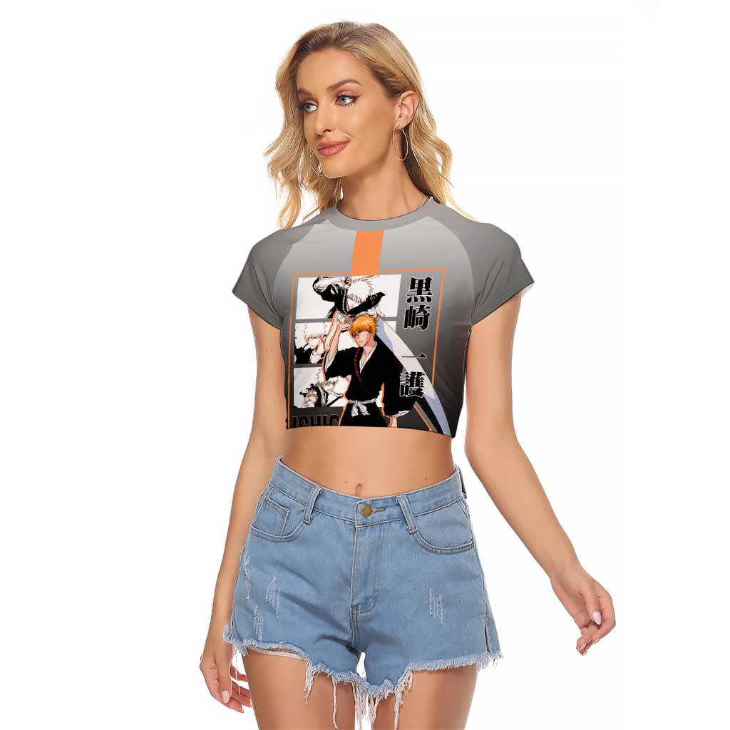 Ichigo Kurosaki Bleach Raglan Cropped T Shirt with Bankai Sword and Intense Battle Pose Design - The Mazicc