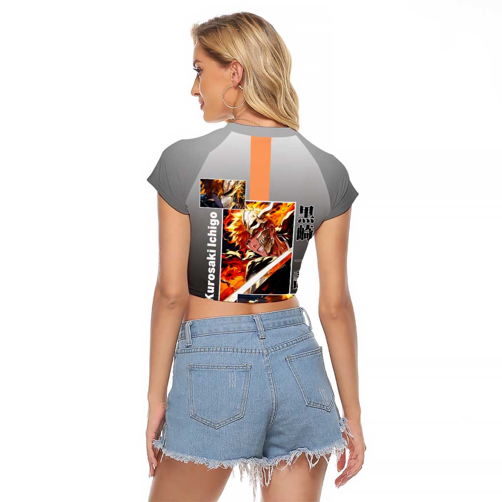 Ichigo Kurosaki Bleach Raglan Cropped T Shirt with Bankai Sword and Intense Battle Pose Design - The Mazicc