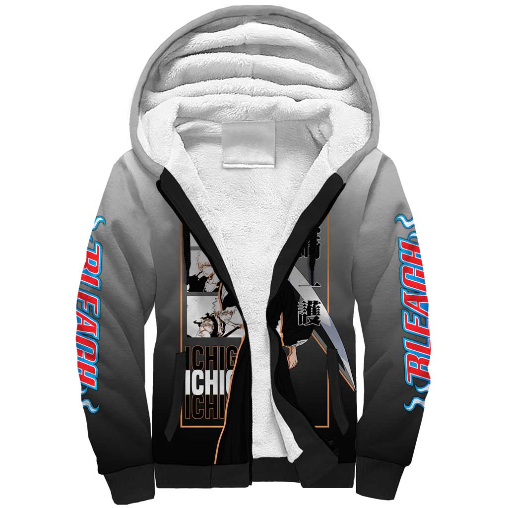 Ichigo Kurosaki Bleach Sherpa Hoodie with Bankai Sword and Intense Battle Pose Design - The Mazicc