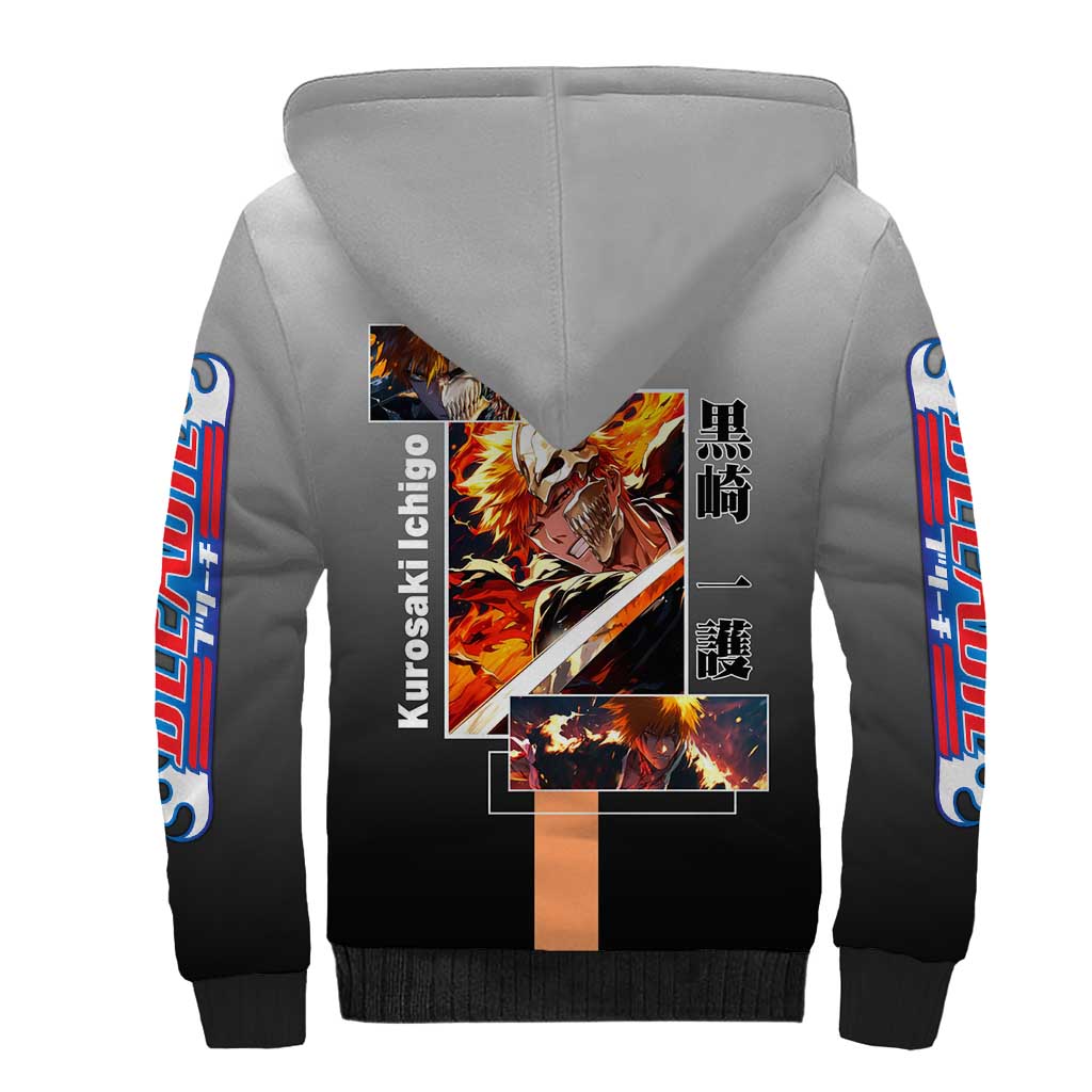 Ichigo Kurosaki Bleach Sherpa Hoodie with Bankai Sword and Intense Battle Pose Design - The Mazicc