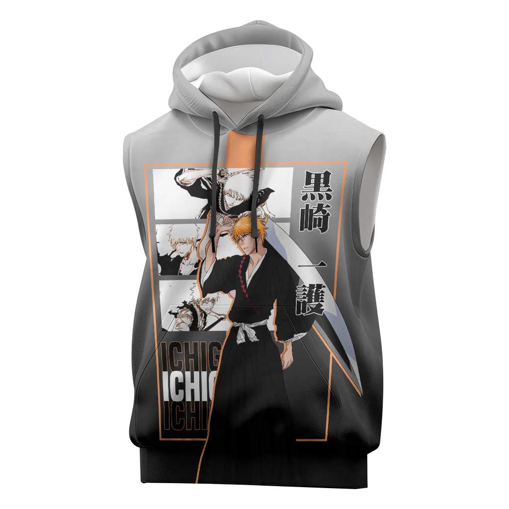 Ichigo Kurosaki Bleach Sleeveless Hoodie with Bankai Sword and Intense Battle Pose Design - The Mazicc