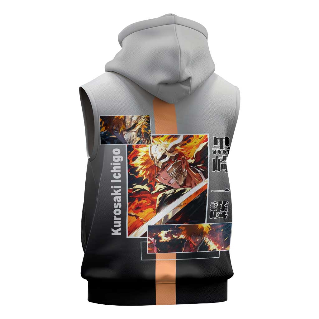 Ichigo Kurosaki Bleach Sleeveless Hoodie with Bankai Sword and Intense Battle Pose Design - The Mazicc